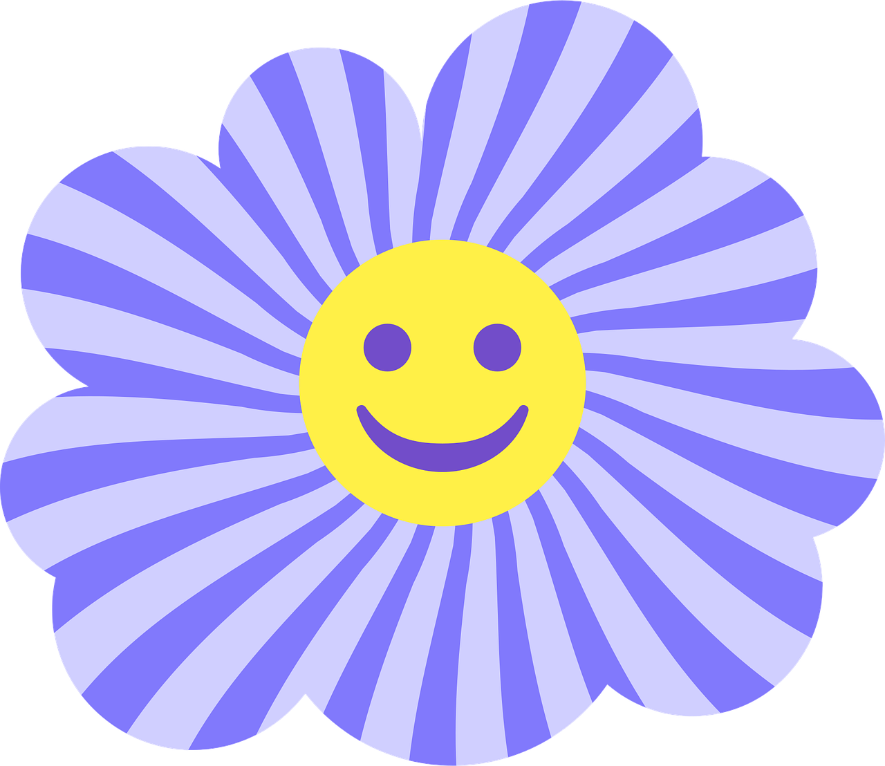 Retro flower graphic with a smiling face.